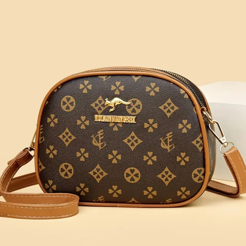 

Vintage Print PU Leather Crossbody Bag with Three-Layer Pockets Retro Style Shoulder Bag for Women Classic Trendy Circular Bag