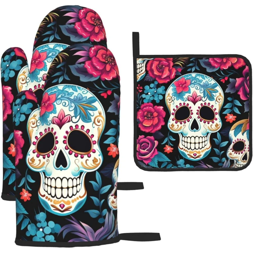 

Наборы рукавиц для духовки и подставок для кастрюль с сахарным скелетом, кухонные перчатки для духовки «День мертвых», прихватки для приготовления пищи, термостойкие, 500 градусов