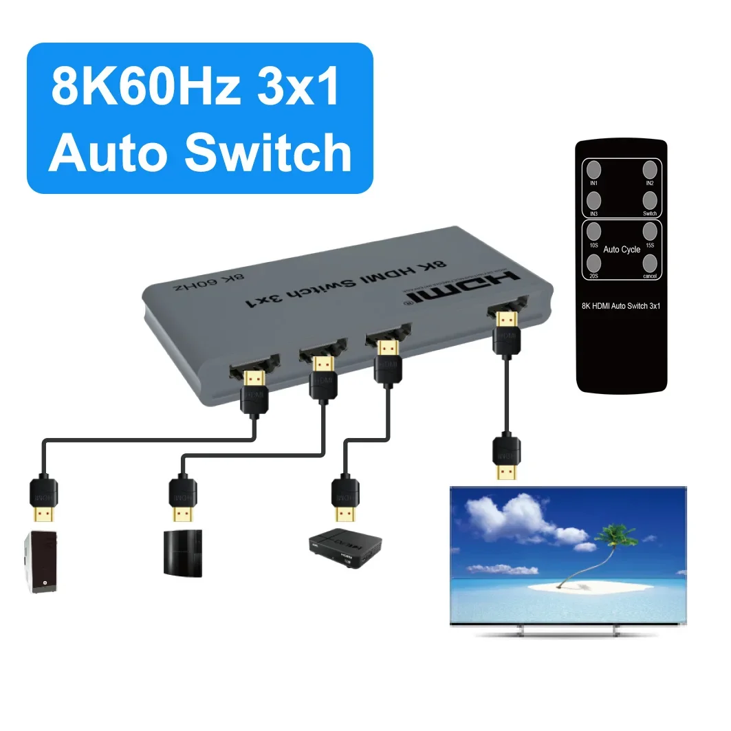 8K 60Hz HDMI2.1 Switcher 4K120Hz 3 in 1 Out Auto Cycle Display 3X1 HDMI Switch Video Converter for Xbox PS5 Laptop To TV Monitor