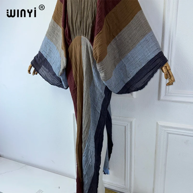 WINYI Summer Stripe print retro wrinkled long party dresses Femme Vestidos holiday beach cover up maxi kaftan abaya dubai luxury