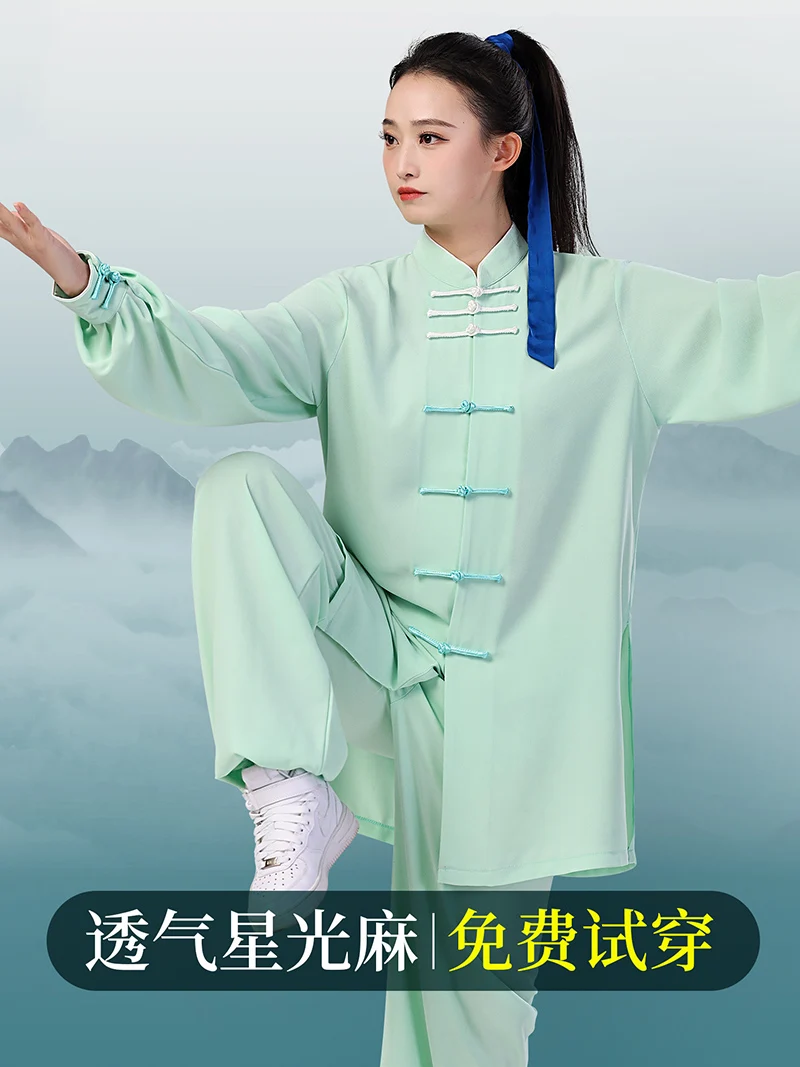Women's Tai Chi Uniform Breathable Starlight Hemp Tai Chi Practice Suit Chinese-style Long Sleeve Performance Competition Martia