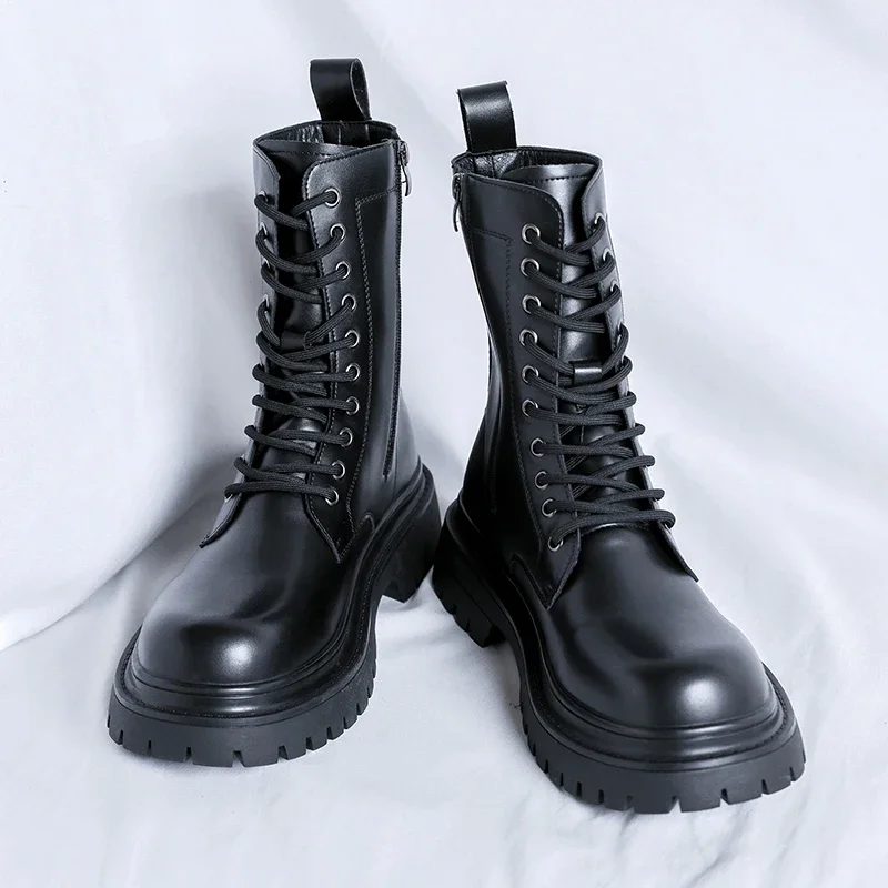 Dicke Sohlen Plattform Männer Echtes Leder Stiefel Luxus Designer Runde Kappe High Top Stiefel Mode Trends Straße Seite Zipper Schuhe