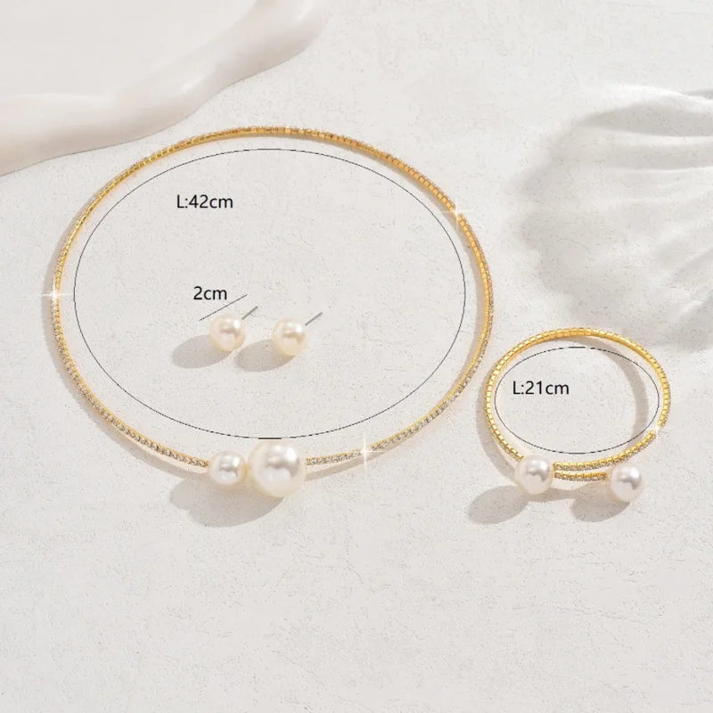 魅力的な 2 ピースの女性用パール ラインストーン ネックレスとブレスレット セット、結婚式のパーティーやギフトに最適です。