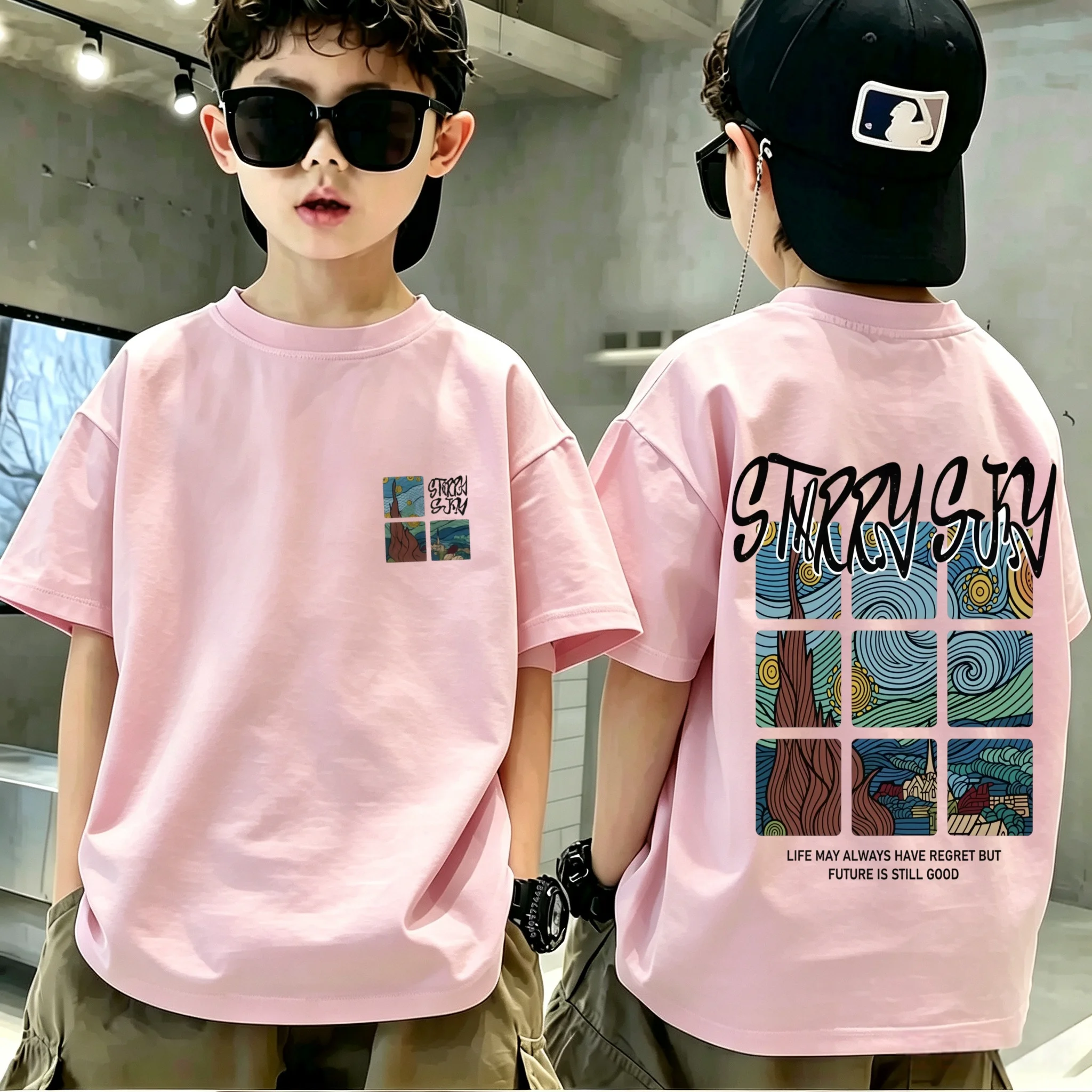 Fashion boys' short-sleeved T-shirt with Van Gogh's starry sky print, trendy everyday children's pure cotton girls' T-shirt