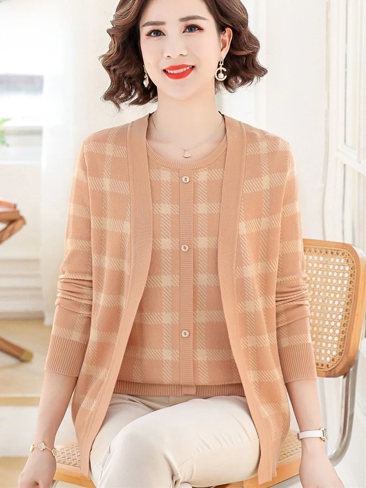 

Свободный вязаный комплект-двойка для женщин: модный топ и кардиган для среднего возраста, весна-осень