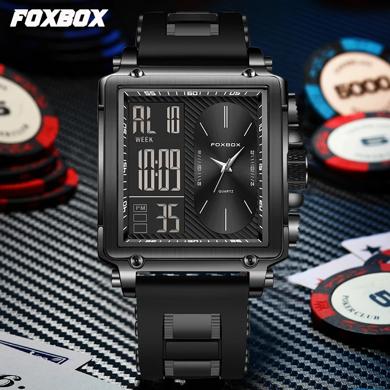 LIGE Brand FOXBOX Casual Sport Dual Digital Display Square Man Watch Electronic Luminous Quartz Men\'s Clocks Military Wristwatch