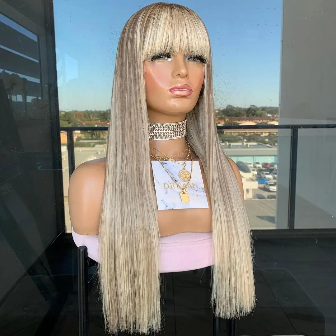 

Парик прямой стрижки цвета пепельного блонда с челкой, 13x4 HD, прозрачный, с мелированием, без клея, синтетический, с бахромой, для женщин