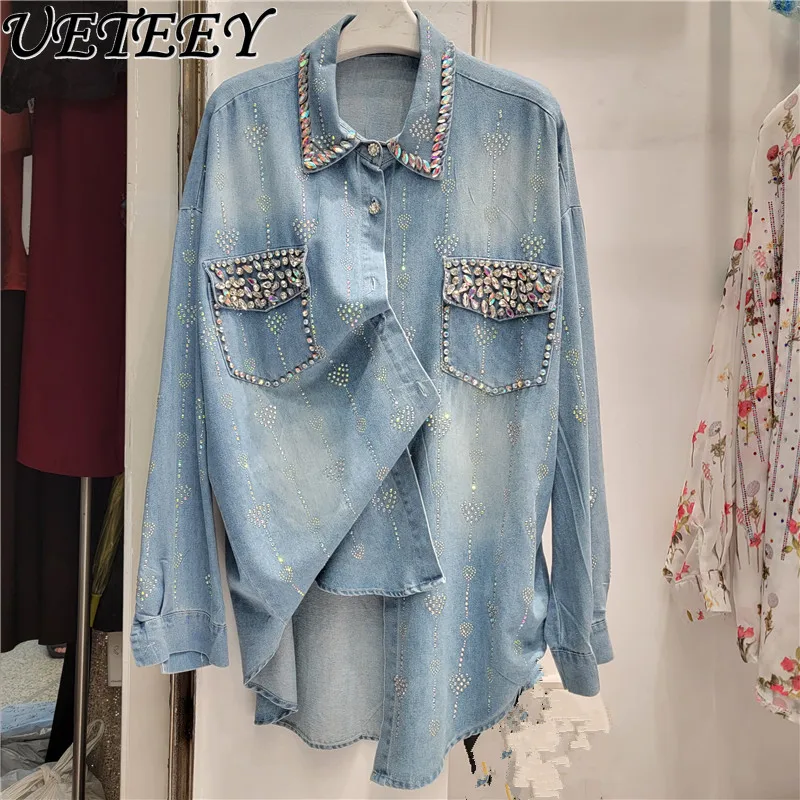 High Street Denim Shirt Top Female 2024 Spring Autumn Love Striped Crystal Rhinestone Jean Coat Casual Loose Blusas Femininas