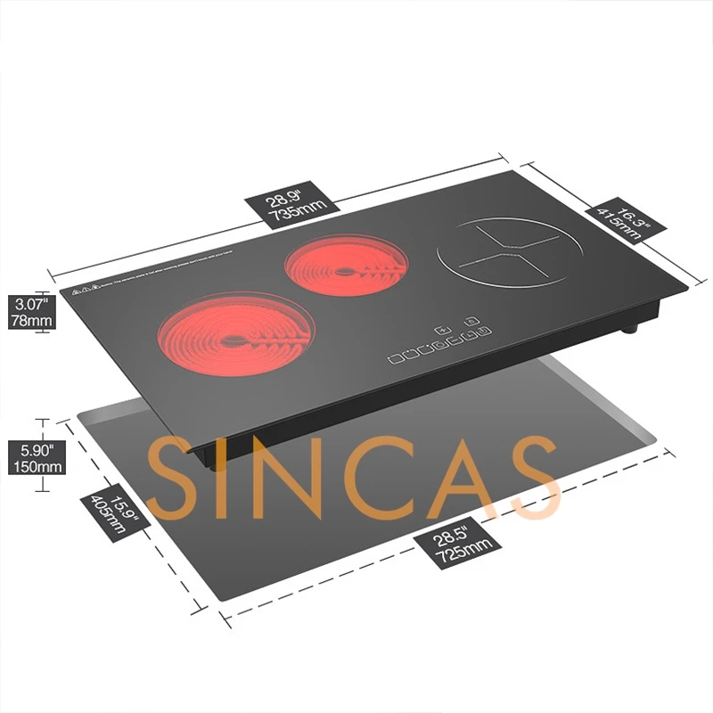 Fornello a induzione a tre teste Stufa elettrica in ceramica a tre fuoco incorporata Fornello a induzione commerciale per uso domestico Stufa multifuoco