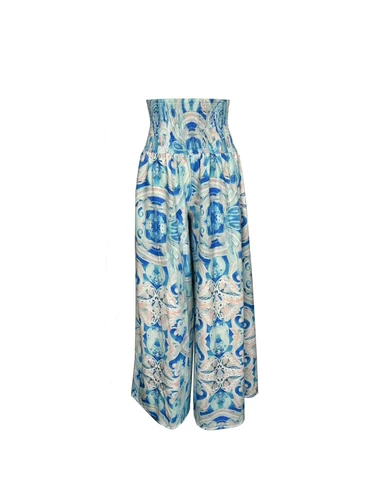 Imagen 2 del producto Pantalones de pierna ancha estampados de cintura alta para mujer, diseño fruncido, vacaciones en la playa, trajes ajustados de moda informales y para ir al trabajo