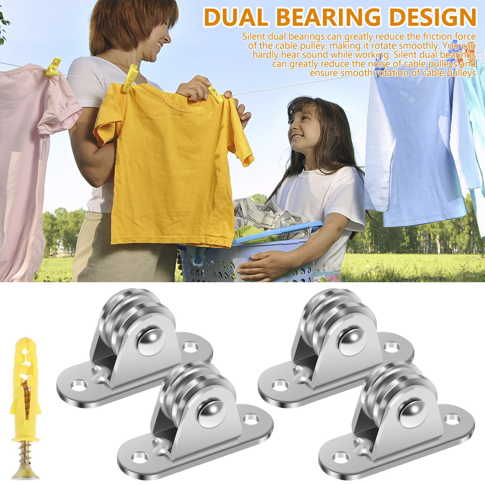 4Pcs Small Fixed Pulley Block Sturdy Steel Duplex Bearing Pulley Roller Set Silent Pulley Wheel Stable Metal Wall Ceiling Pulley