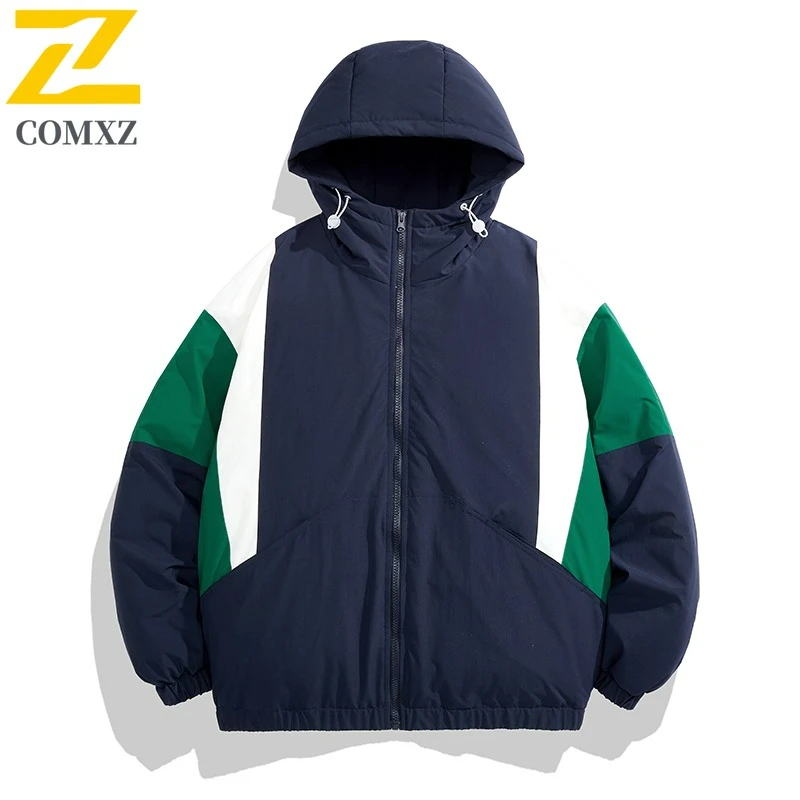 COMXZ Winter Padded Jacket 2025 New Luxury Hooded Outdoor Travel Cold Proof Coat Mens Fashion Splicing Daily Warm Outerwear