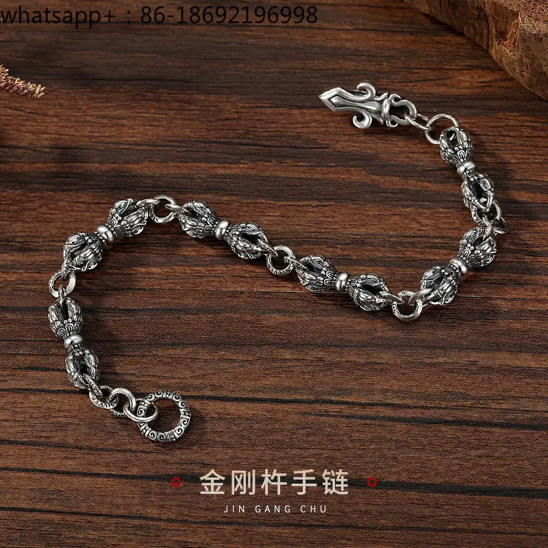 Vajra Pestle Bracelet Men's Sterling Silver Retro S925 Silver Jewelry Protect Peace Dharma Jewelry