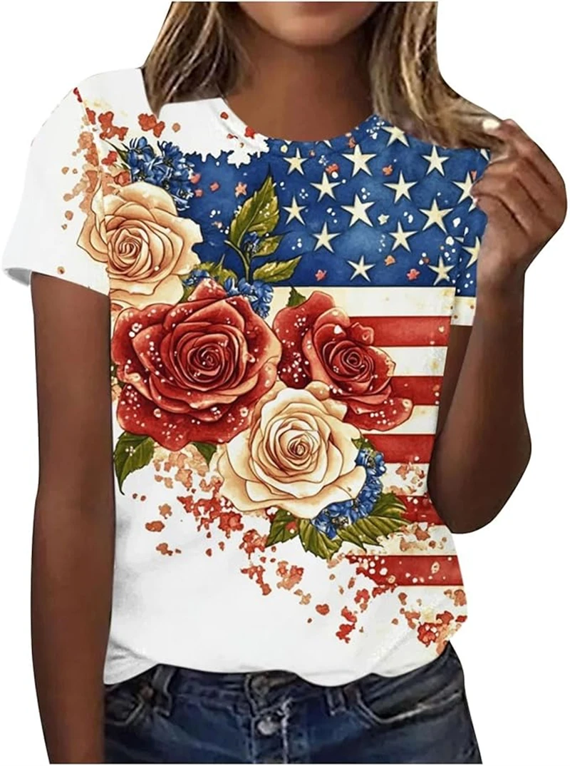 Camiseta Feminina 3D Estampada 250º Aniversário Americano - Blusa Estampada 250º Aniversário dos Estados Unidos - Camisetas Curtas de Verão