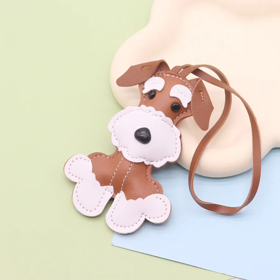 Lovely Schnauzer Keychain Cartoon PU Leather Puppy Animal Keys Ornament Woman Girl Shoulder Bag Accessory Charm Jewelry