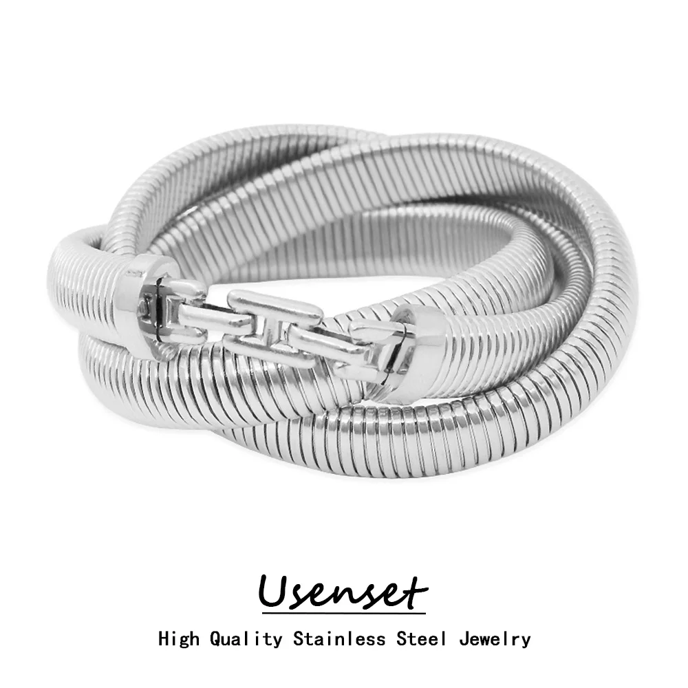 USENSET High Quality Stainless Steel Trio Elastic Bangle Elegant Women PVD Gold Plated Snake Texture Bracelet Fashion Gift