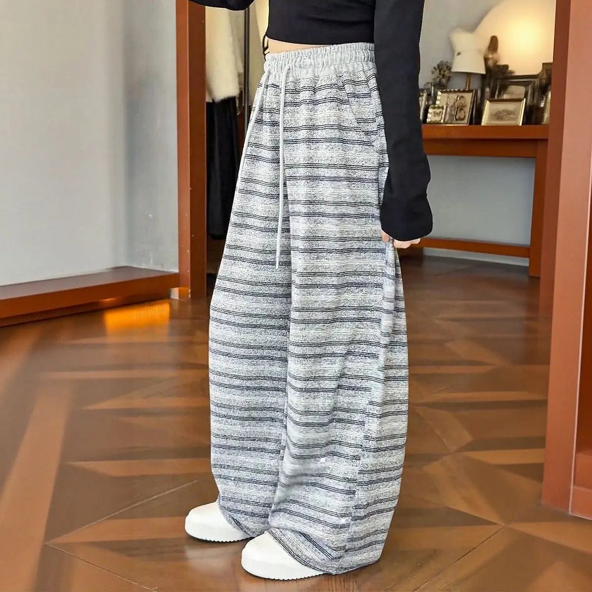 Girls Striped Wide Leg Pants Autumn Casual Loose Trousers Classic Student Versatile Kids Bottoms