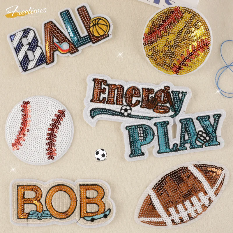 

Sequin Soccer Baseball Rugby Ball BOB Iron-on Sew Embroidery Badge Patches DIY T-shirt Hat Backpack Clothing Appliques Sticker