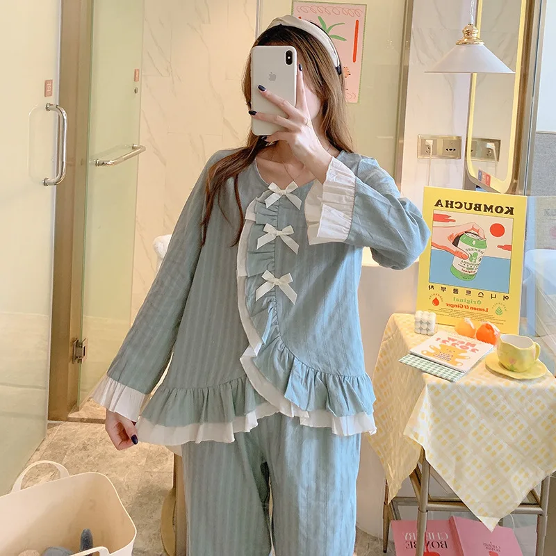 Pijama de algodón de manga larga para mujer, conjunto de dos piezas, ropa de dormir informal holgada para primavera y verano