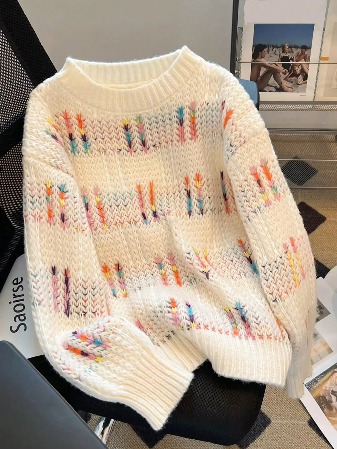 

Women's Loose Fit Crew Neck Knit Sweater with Colorful Stitch Pattern, Soft Fuzzy Texture, Casual Everyday Wear