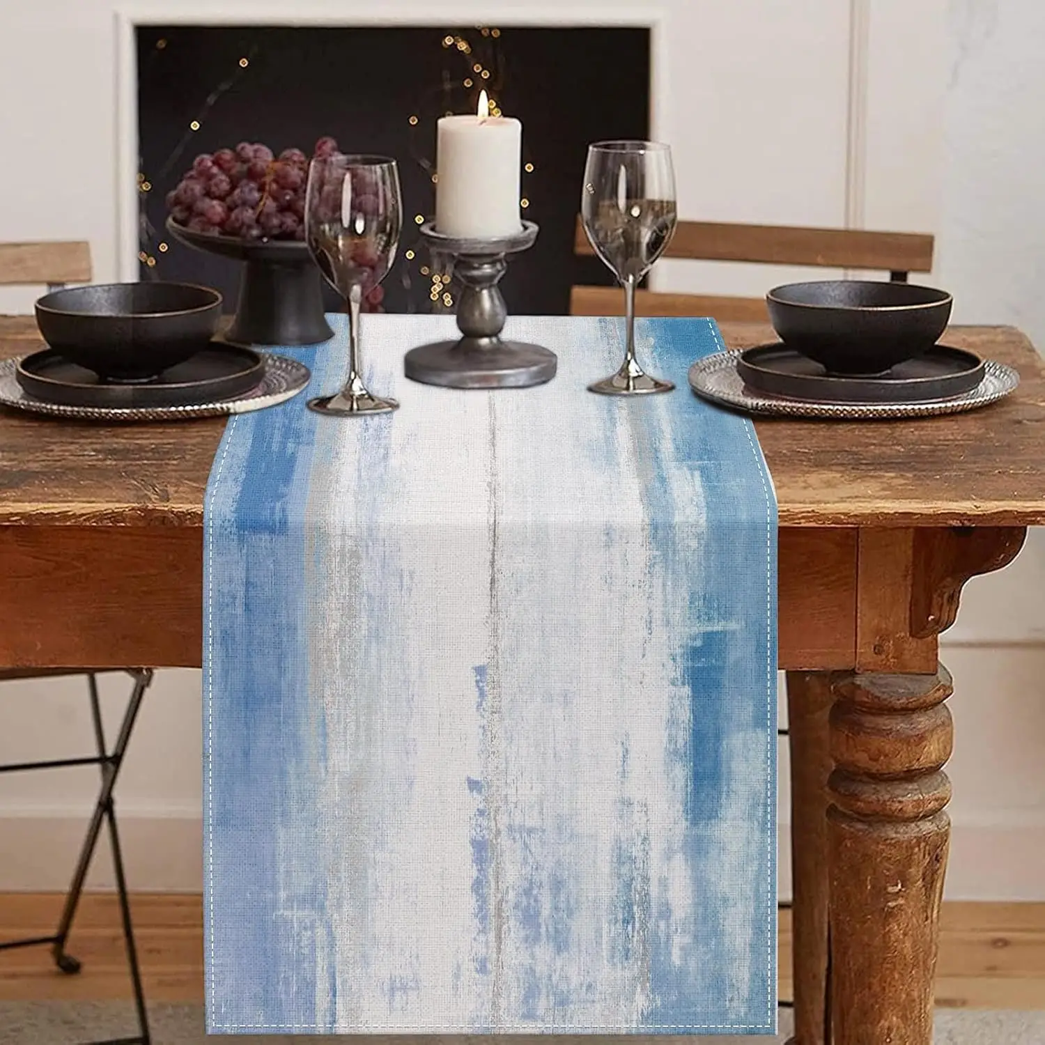 Blue Grey Table Runner - Abstract Art Painting Modern Oceanic Fluid Marble Textured Cover for Farmhouse Dining