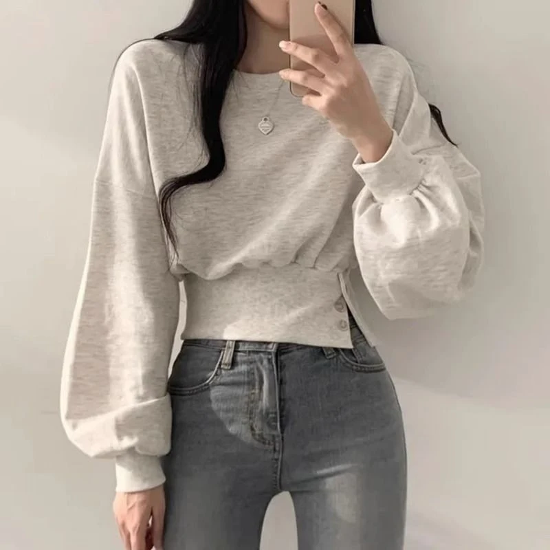 

Fashion Cropped Pullovers Sweatshirts Women Autumn Korean Chic O Neck Button Tops Long Sleeve Slim Fit Casual Simple Sweatshirts