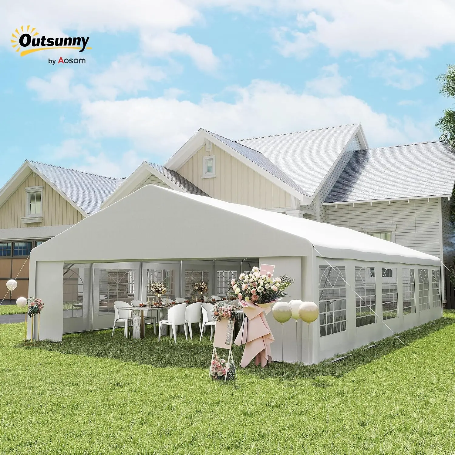 23 x 39 ft Heavy Duty Party Tent with Removable Sidewalls, White, Custom