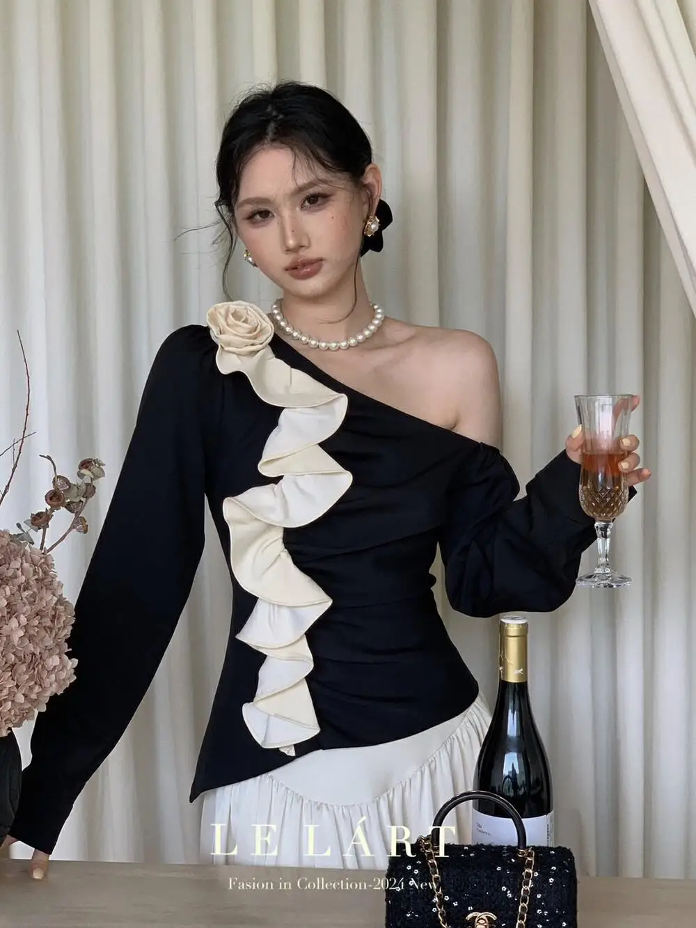 

​​One Shoulder Asymmetrical Hem Ruffle Blouse Korean Style Raw Edge Off Shoulder Shirt Women Fall Fashion Feminine Chic​​