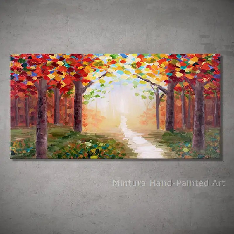 100% Handmade Handpaint Oil Painting On Canvas,Pathway Forest Tree Abstract 3D Texture Wall Art,Mural For Living Room Home Decor