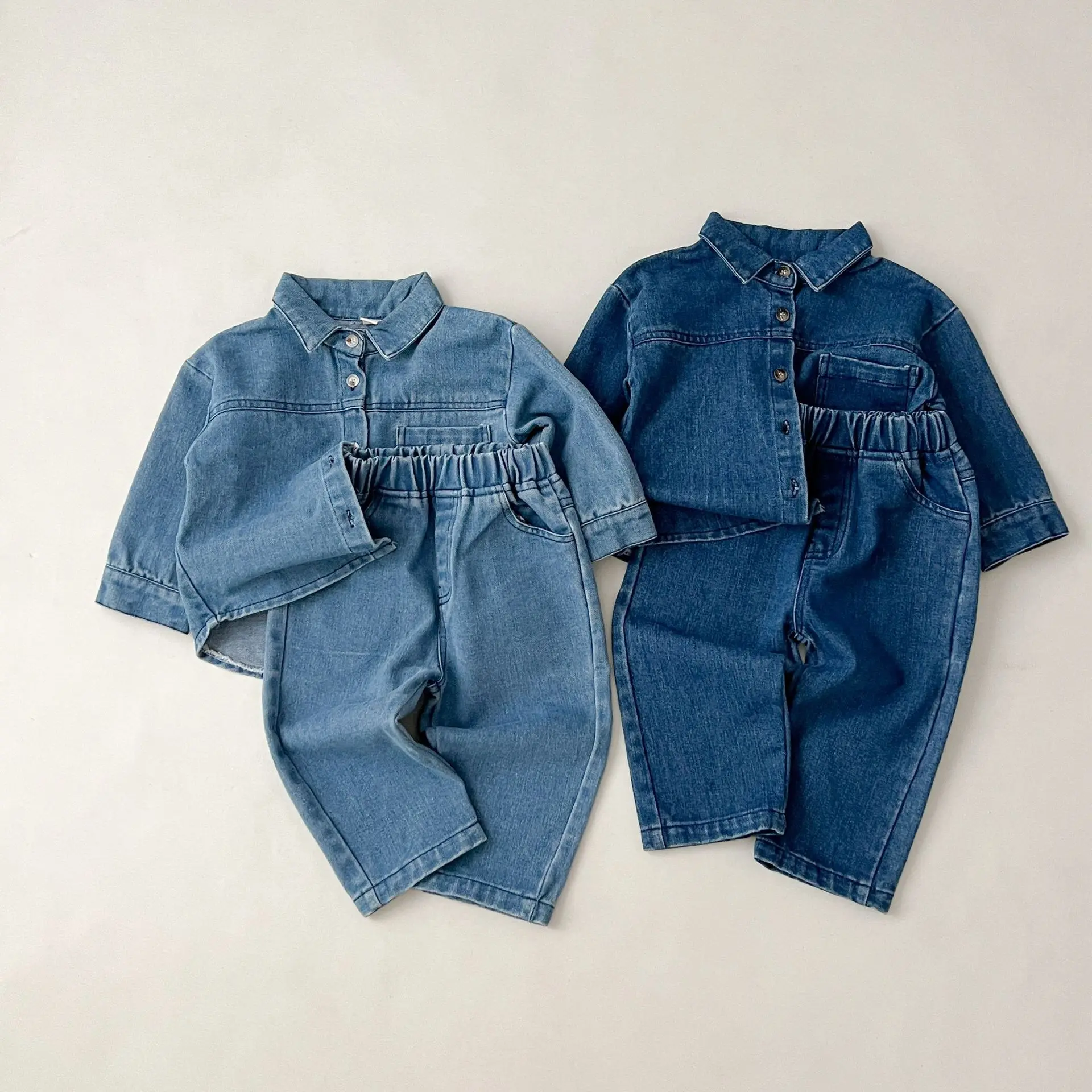 Solid Denim Suit Baby Spring Autumn Long-Sleeved Denim Shirt Jacket Trousers Two-Piece Baby Boys Girls Simple Casual 2PCS