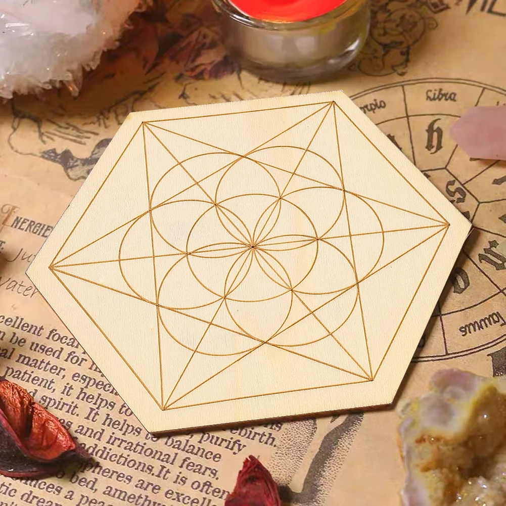 10cm Hexagon Geometric Patterns Wooden Decorative Panel Crystal Array Clairvoyance Spirituality Coaster Thermal Insulation Board