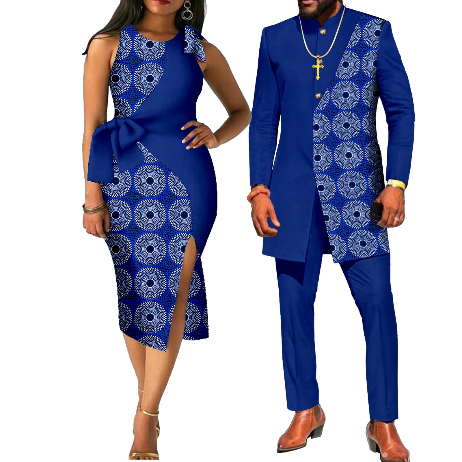 African Couples Women Print Wax Cotton Fashion Patchwork Hot Dress & Men 2 Pieces Shirt and Pants Sets