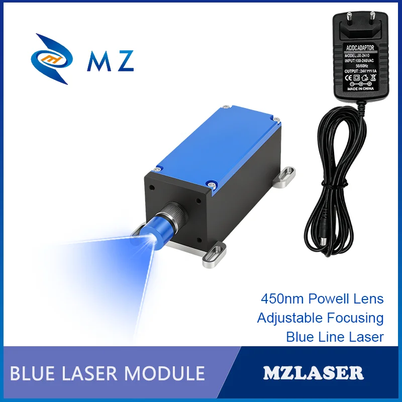 Adjustable Focusing Powell Lens Blue Line Laser Module D47×51.5×115mm 450nm 1W 2W 3W 4W 12V 24V for Woodworking with Adapter