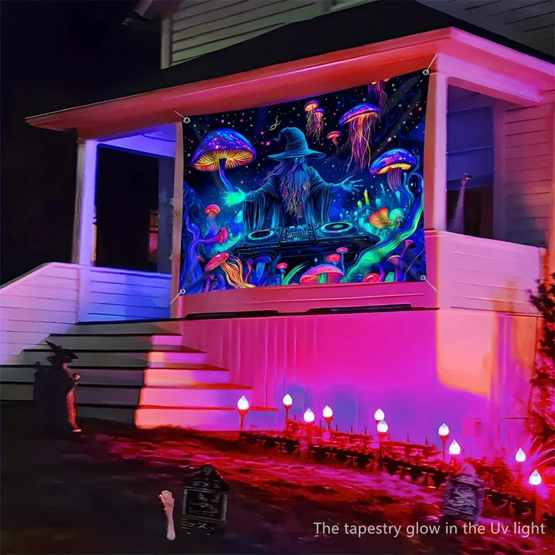 

IJL62Wizard DJ Jellyfish Mushroom Fluorescent Tapestry Halloween UV Black Light Room Decoration Wall Hanging Party Decor Bac4Th^