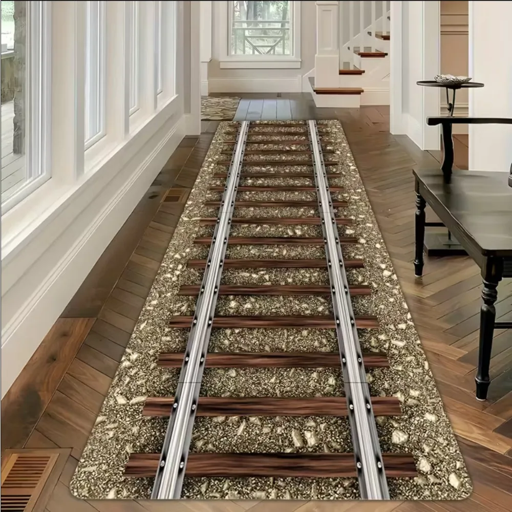 Küchenläufer, Vintage-Teppich mit Eisenbahnschienen-Muster, rutschfest, ölbeständig, leicht zu reinigen, industrieller Typ, Flur, Heimdekoration, Matte