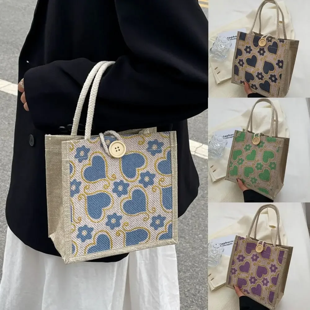 Linen Fabric Canvas Handbag with Button Reusable Makeup Storage Small Tote Love Flower Print Picnic Breakfast Bag