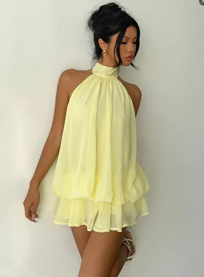 Vestido de Verano para Mujer, Entallado, Sexy, Sin Espalda, Halter, Cintura con Lazada, Color Sólido, Versátil, Elegante y Cómodo 4