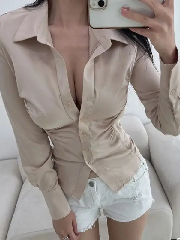

Slimming Effect Long Sve irt Women's Sle Spring New High-End Feel Single Button Tailored Collar Trendy Top Commute Wind