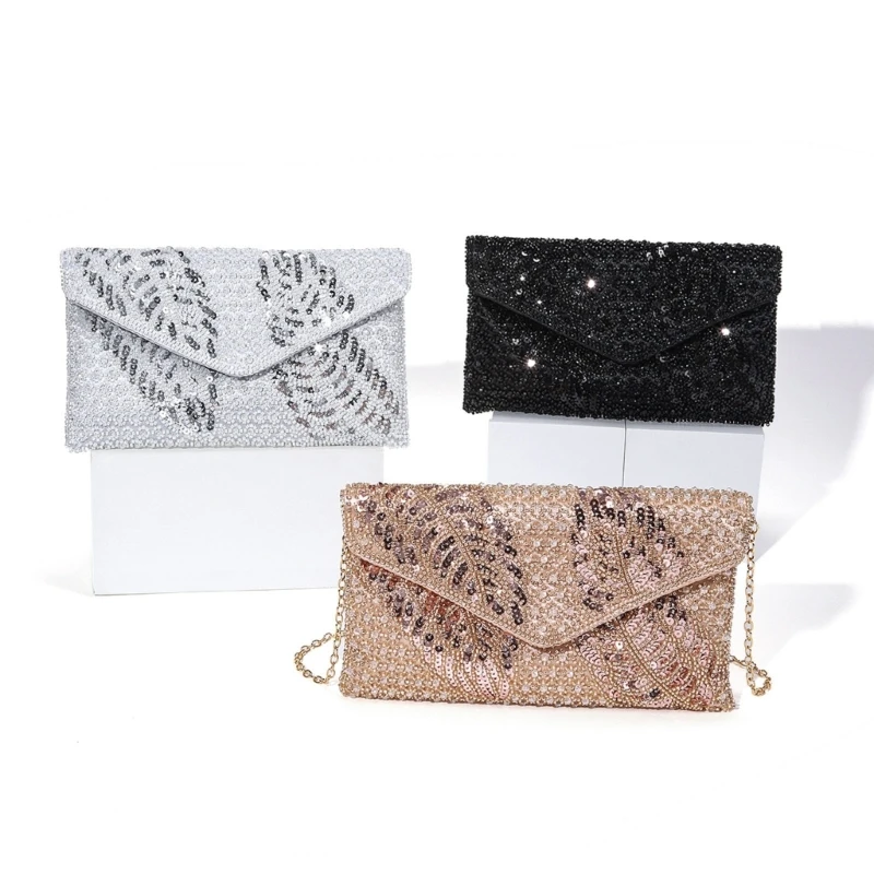 

H3CB Women Beaded Sequins Shoulder Bag Fashion Clutches Handbag Crossbody Bag with Chain Strap Envelope Bag for Party Daily Use