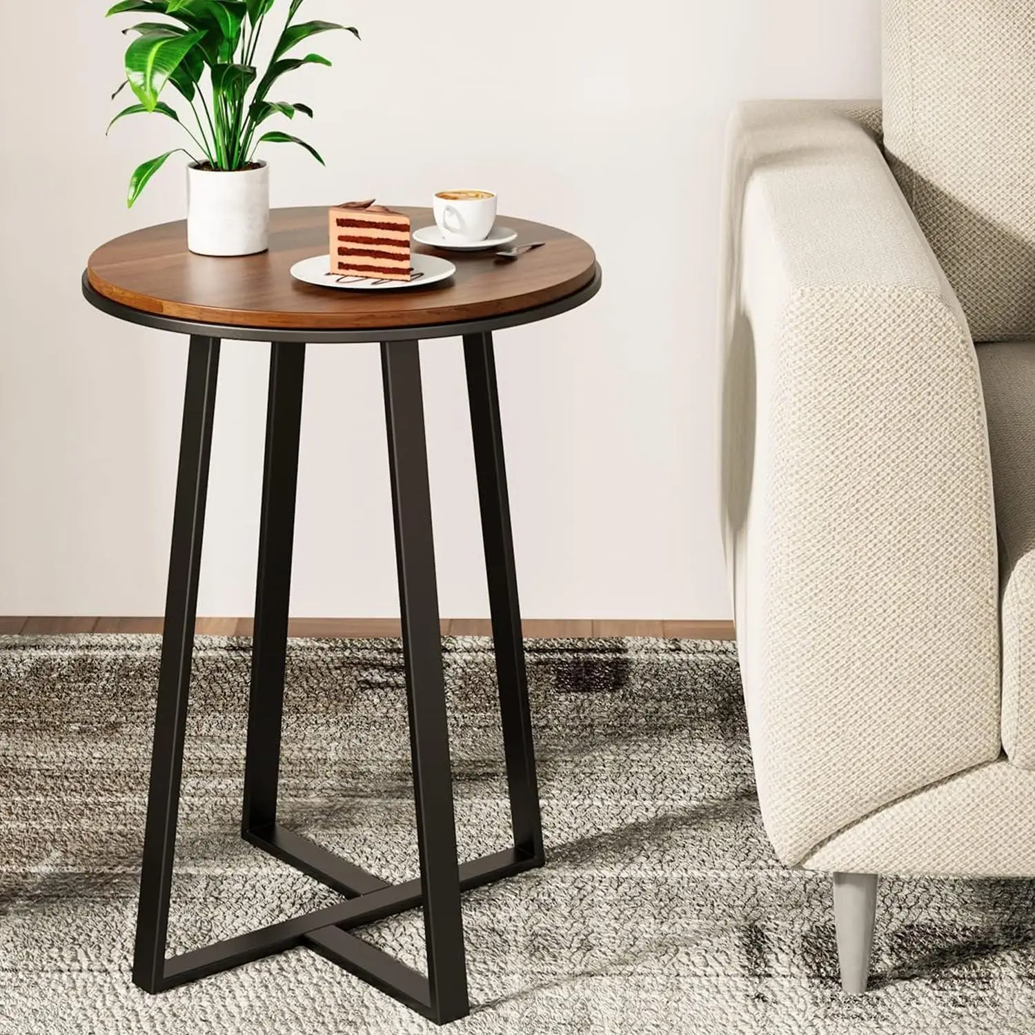 

Round End Table, Small Side Table Walnut MDF Top, Black Metal Frame, Tall Nightstand for Living Room Bedroom