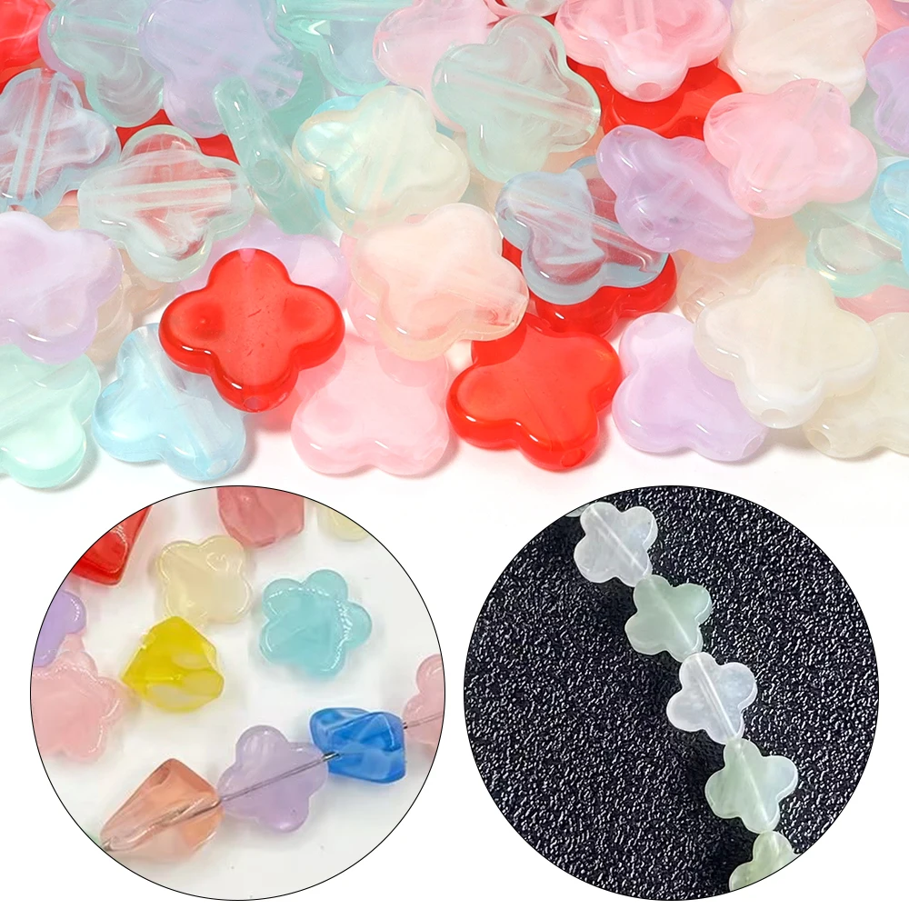 100pcs/lot Lucky Four-leaf Clover Acrylic Beads Colorful Flat Loose Spacer Beads For Jewelry Making DIY Necklace Bracelet