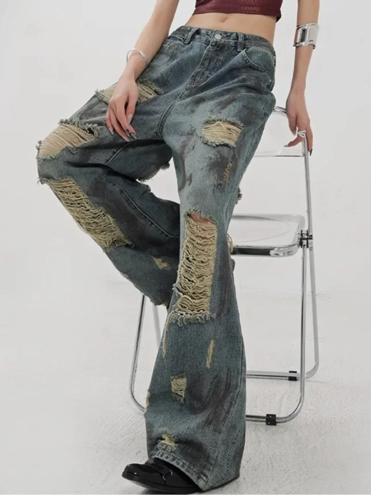 

Ladies Casual Baggy Ripped Slouchy Jeans for Women Clothing Girls Fashion Tie-dyed Denim Wide Leg Pants Female Clothes AAY3561