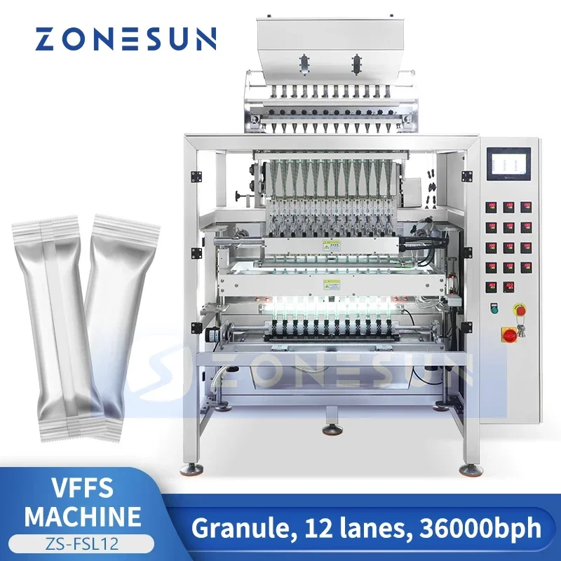ZONESUN Mesin Pengemas Butiran VFFS Otomatis Peralatan Kantong Sachet Stik Bagger Segel Isi Bentuk Vertikal 12 Jalur ZS-FSL12