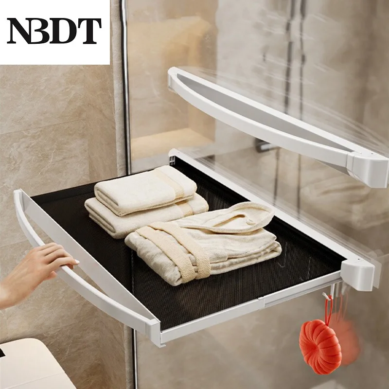 

1Pc Aluminum Conceal Retractable Towel Racks Bathroom Wall Mounted With Hooks