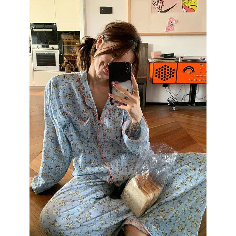 RAISE Spring Cartoon Print Homewear Set For Girls Floral Turn Down Collar Tees Long Pants Loungewear Suits Soft Loose Fit Outfit