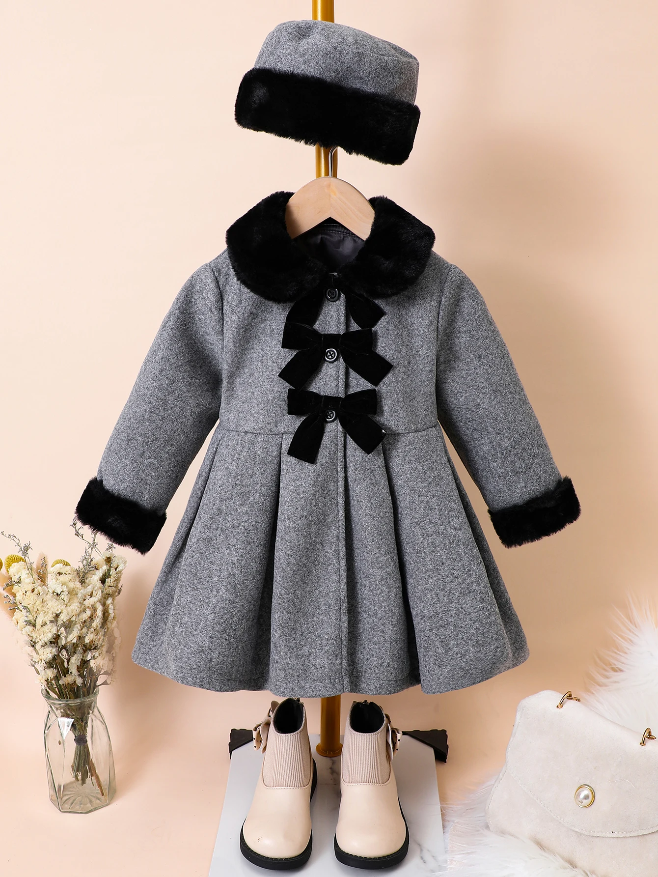 Girls' autumn and winter new fashionable British style coat with fur collar, bow tie, woolen coat and hat