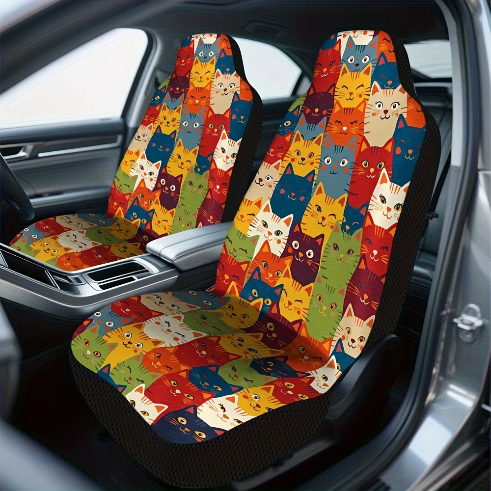 2pcs Colorful Cat-Themed Car Seat Covers Compatible For Most Vehicles - Soft Washable Fit With Cute Kitten & Paw Print Patterns,