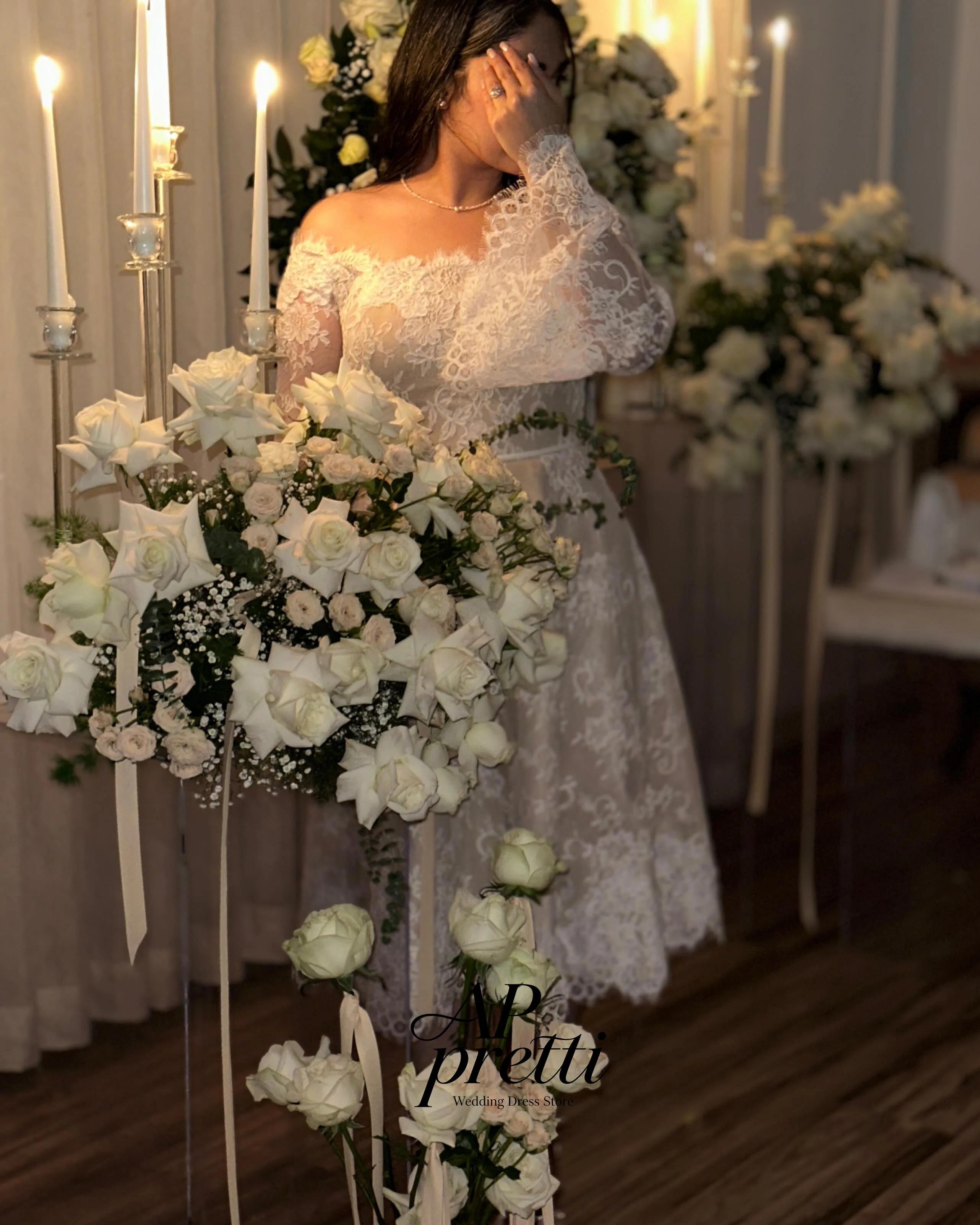 AP pretti Lovely Lace Wedding Dresses One Line Customized Full Sleeve A-line Tea-Length Bridal Gown 2026 Vestidos Novias Boda