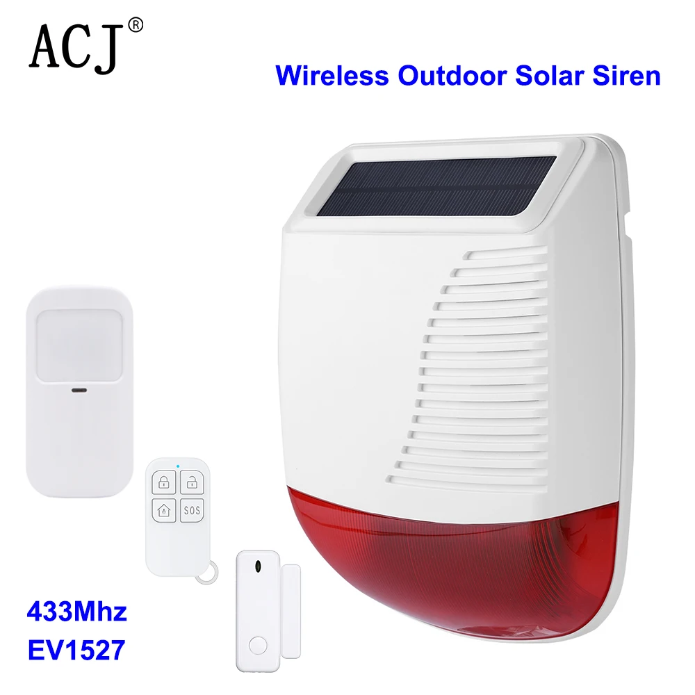 

ACJ Outdoor Waterproof Solar Siren Set 433MHz Wireless Light Flash Strobe Alarm Horn for Home Security Burglar Alarm System