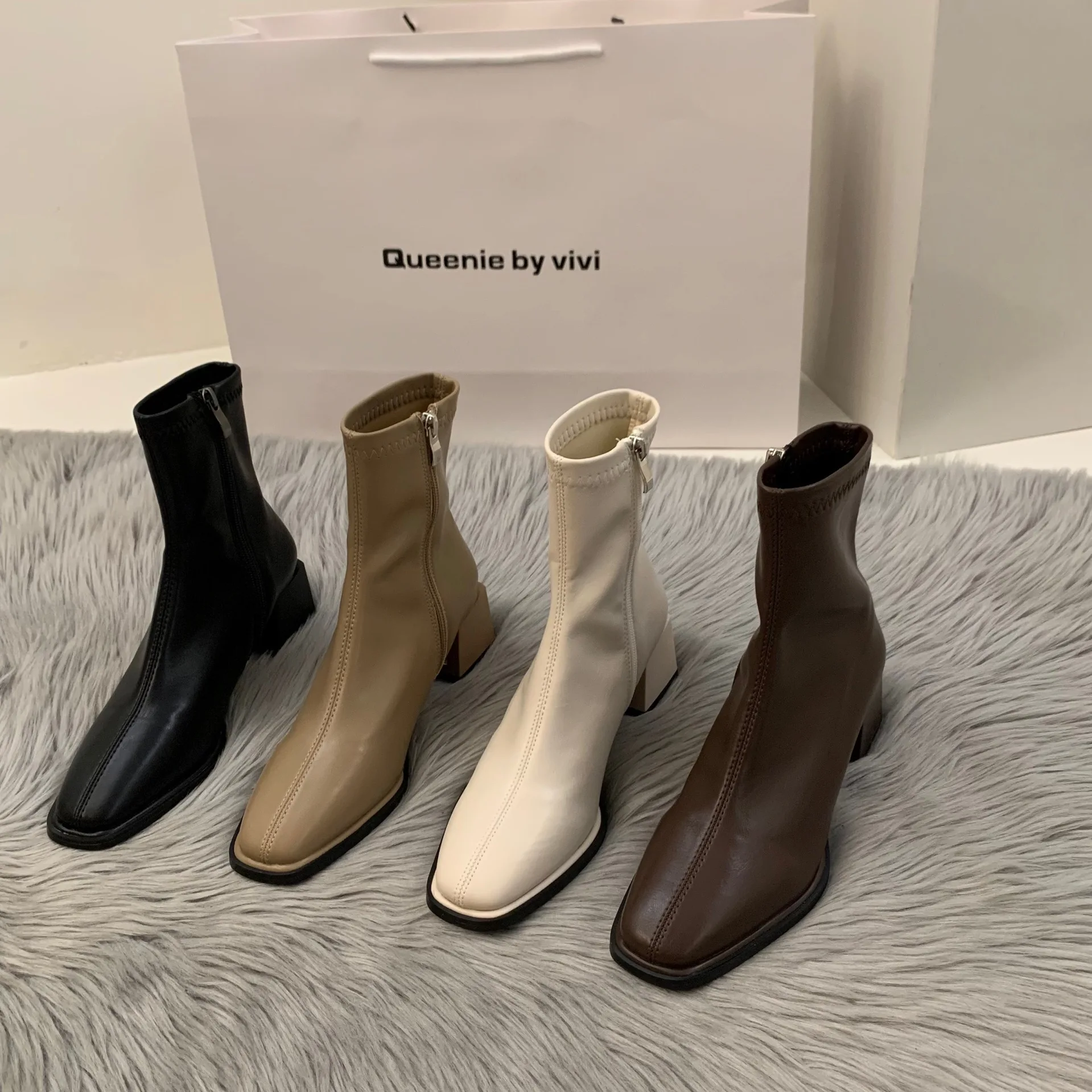 

White High Heel Square Head Slim Short Boots Women's Shoes 2025 New Spring Autumn Brown Boots Korean Style Short Tube